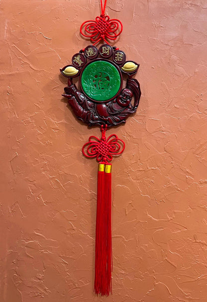 Vintage Large Chinese Laughing Buddha Feng Shui Charm Red Knot Wall Ornament