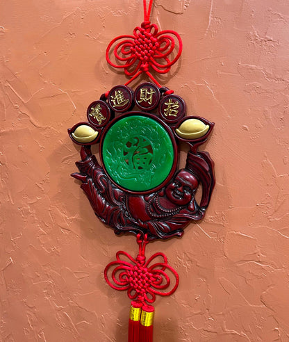 Vintage Large Chinese Laughing Buddha Feng Shui Charm Red Knot Wall Ornament