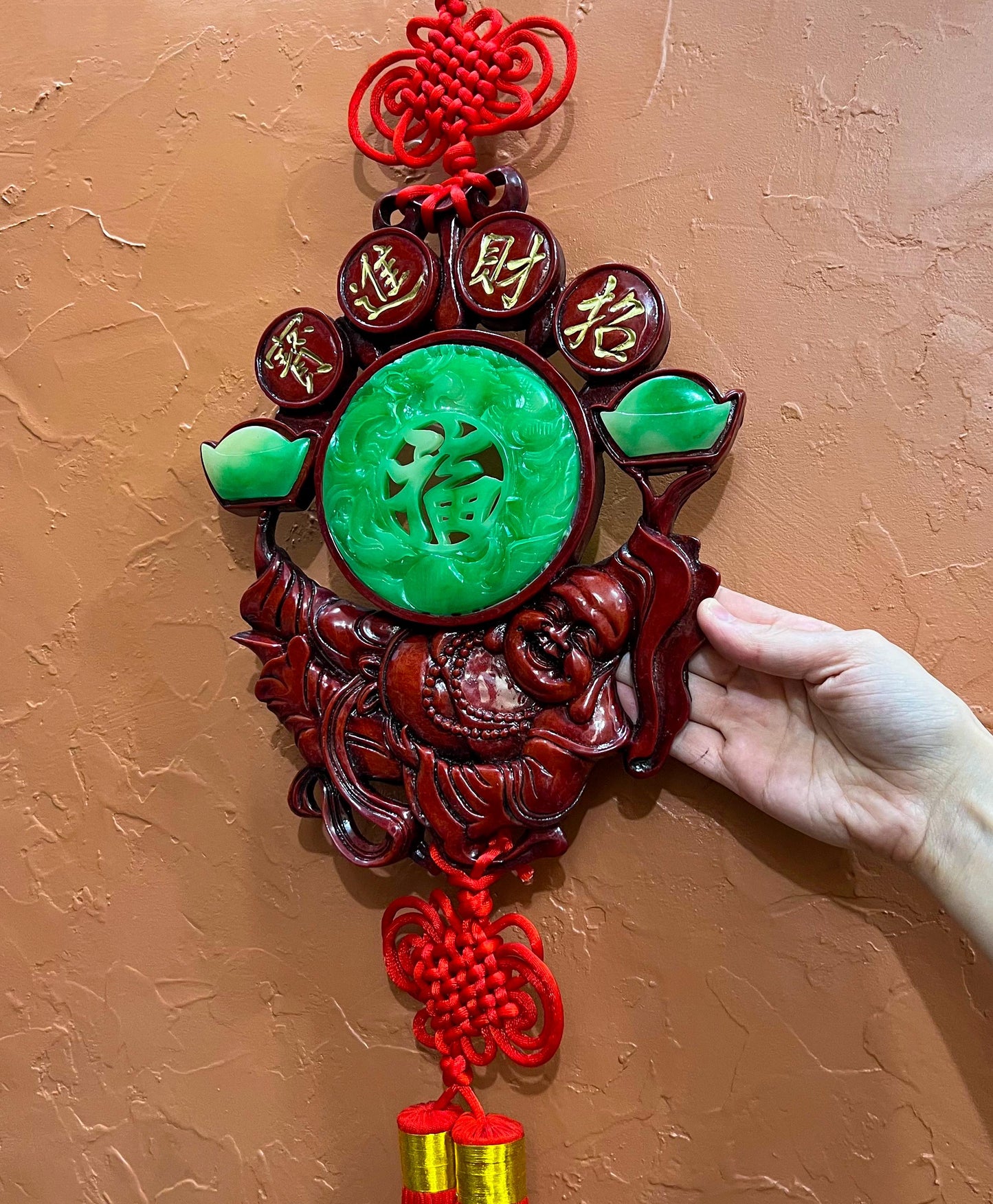 Vintage Large Chinese Laughing Buddha Feng Shui Charm Red Knot Wall Ornament