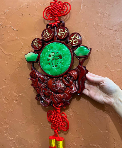 Vintage Large Chinese Laughing Buddha Feng Shui Charm Red Knot Wall Ornament