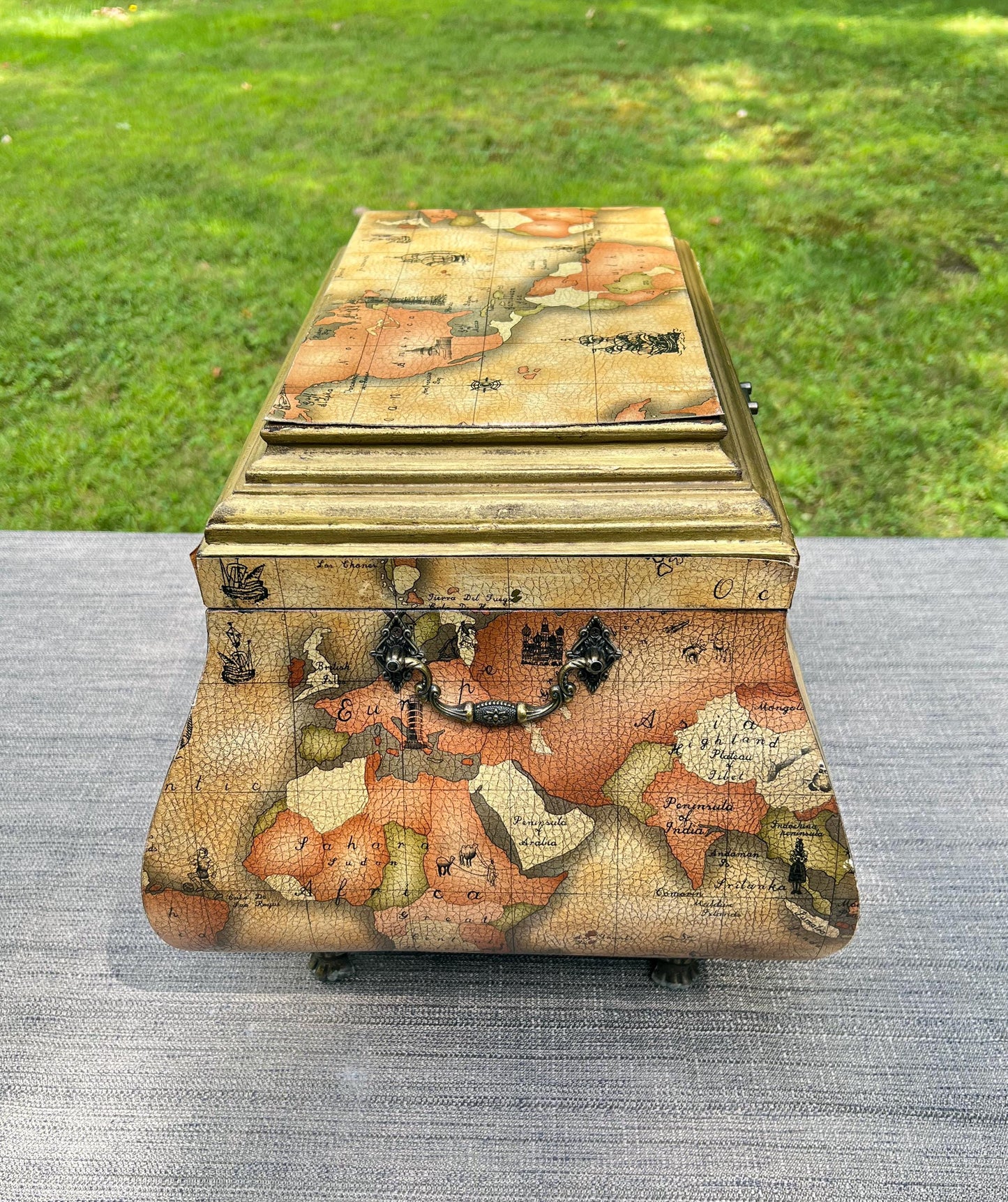Vintage Leather World Map Wooden Handled Footed Storage Trunk Chest Box - 18" Wide