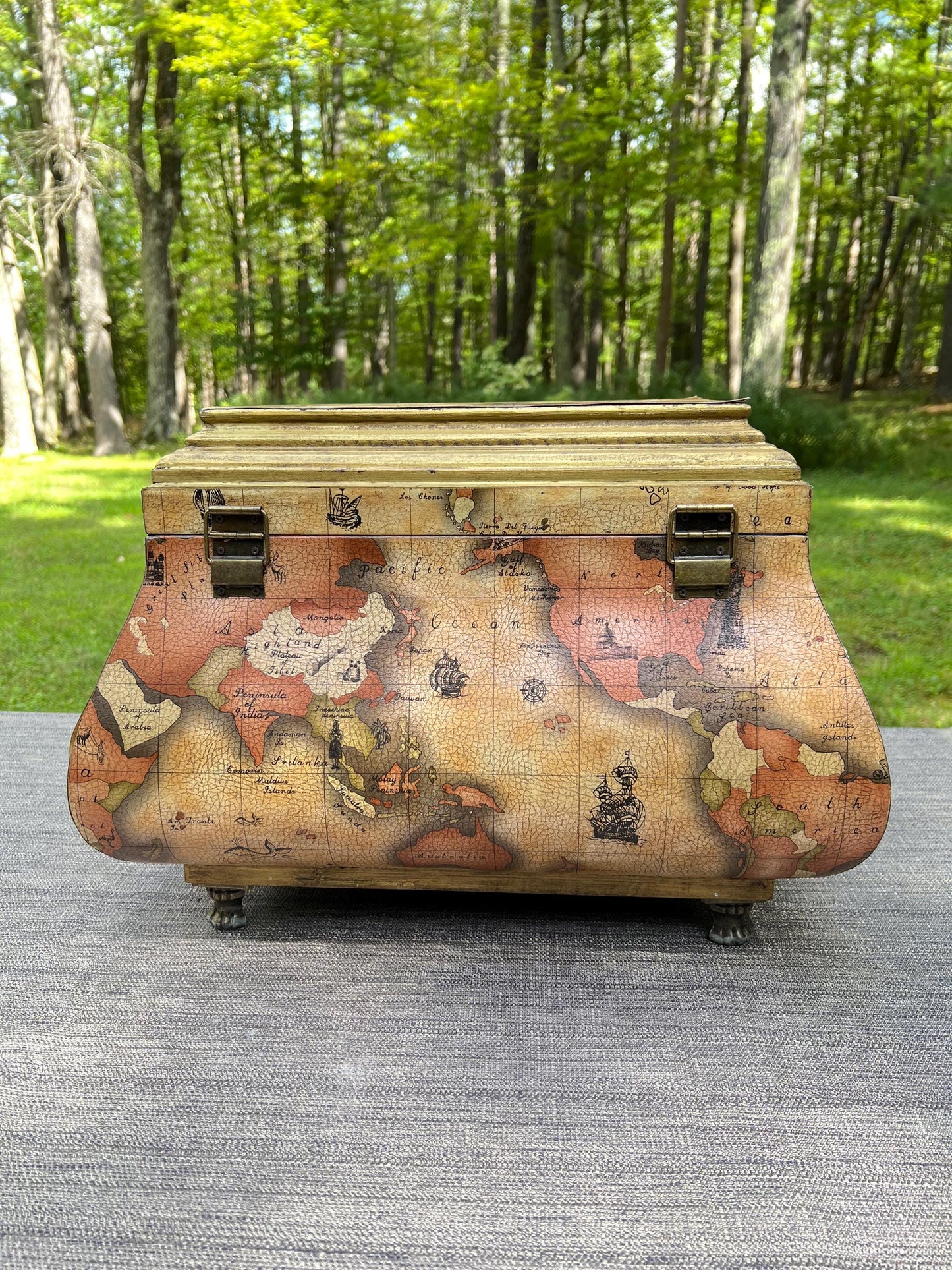 Vintage Leather World Map Wooden Handled Footed Storage Trunk Chest Box - 18" Wide