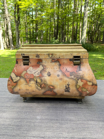 Vintage Leather World Map Wooden Handled Footed Storage Trunk Chest Box - 18" Wide