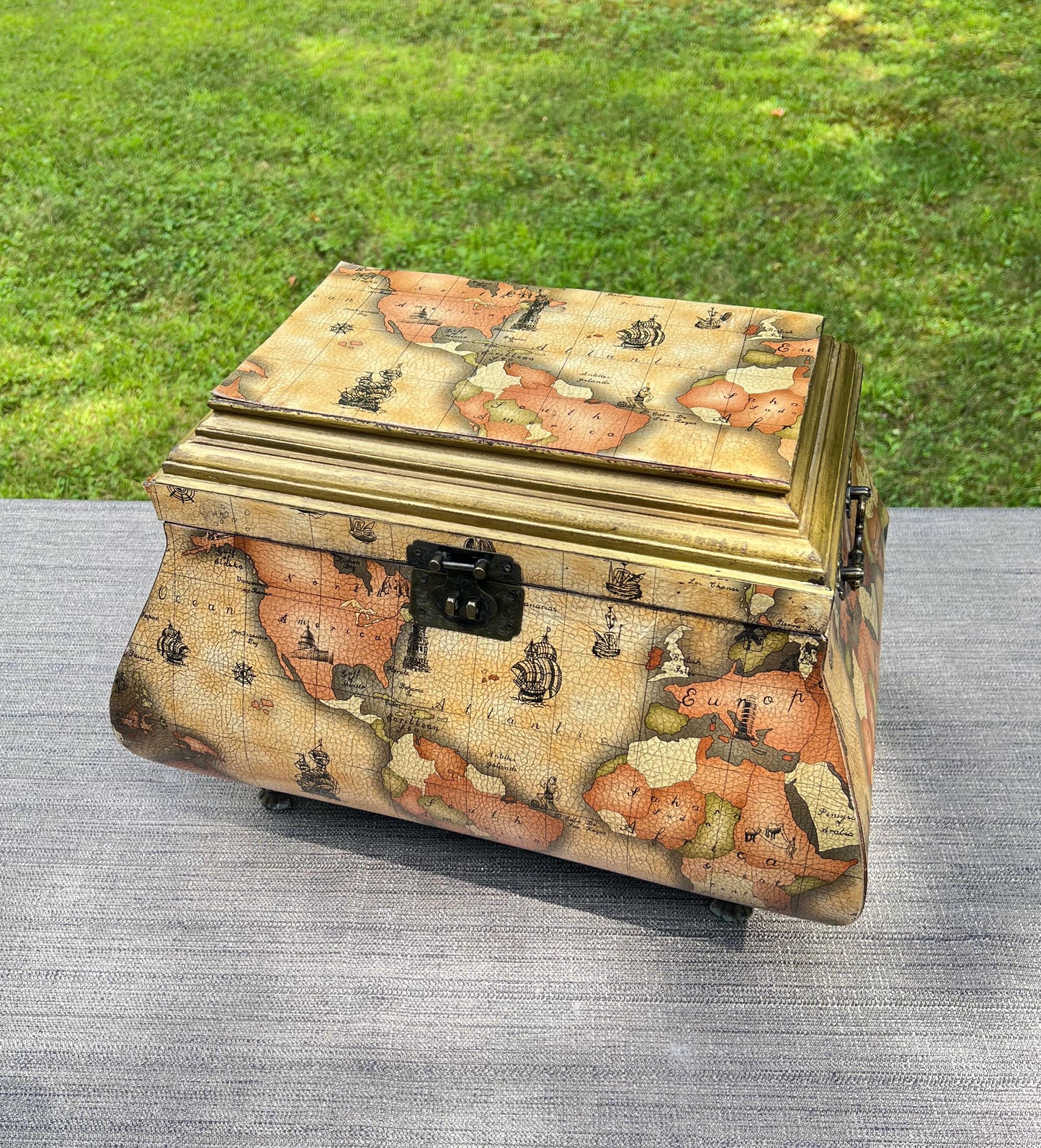 Vintage Leather World Map Wooden Handled Footed Storage Trunk Chest Box - 18" Wide