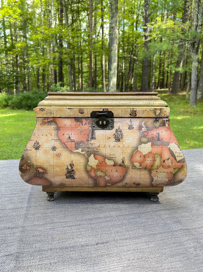 Vintage Leather World Map Wooden Handled Footed Storage Trunk Chest Box - 18" Wide