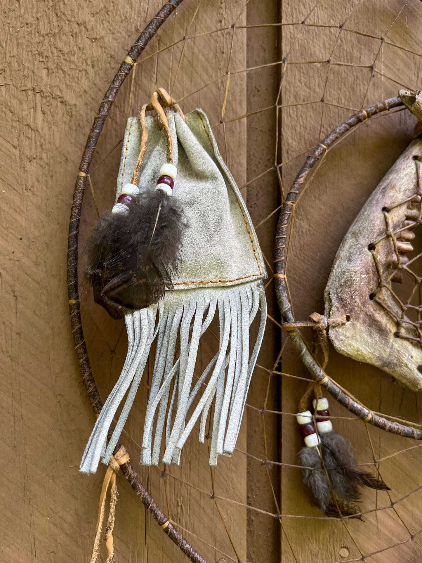 Vintage Rare Deer Jawbone Dreamcatcher with Leather Medicine Pouch Concho Arrowhead