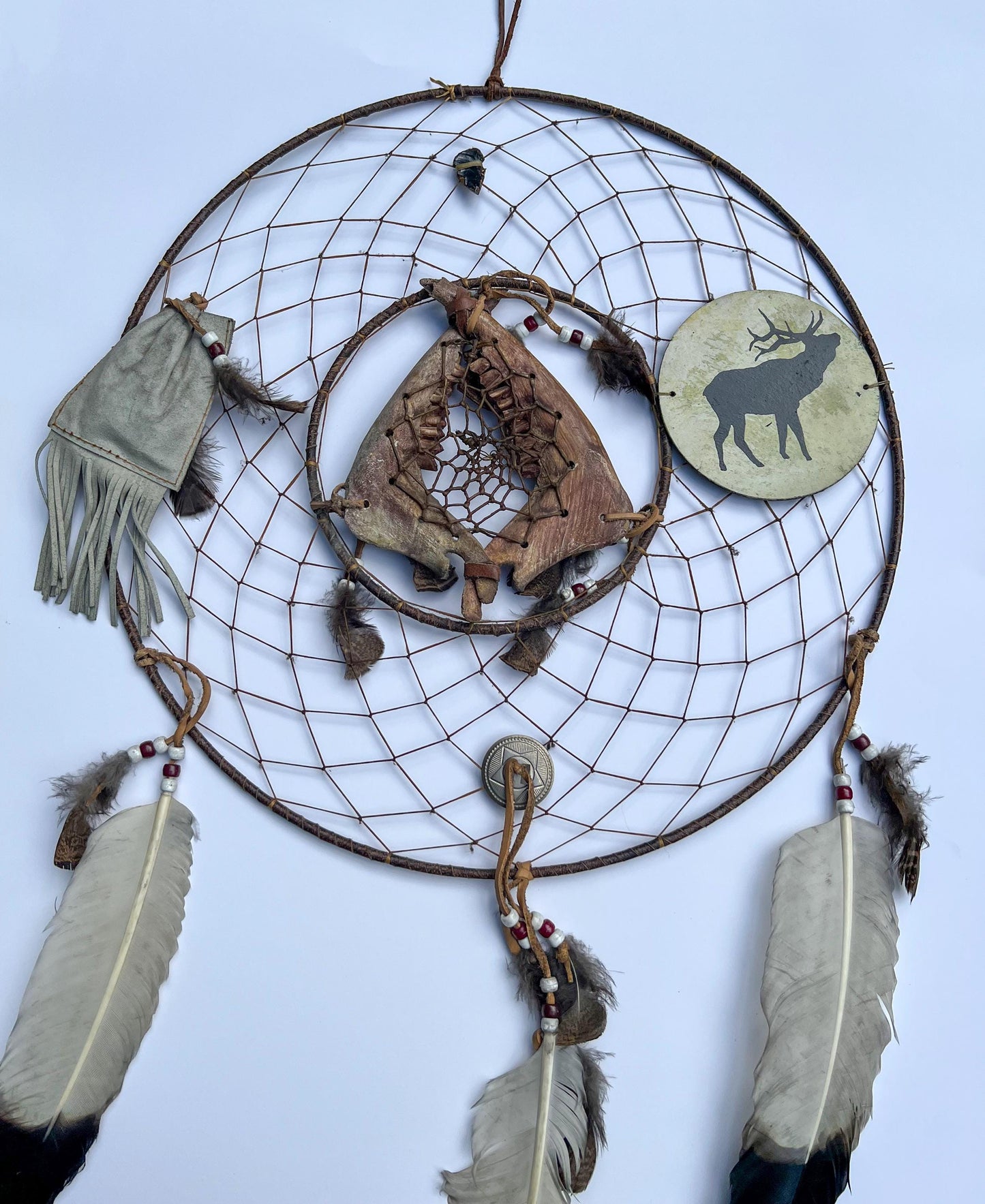 Vintage Rare Deer Jawbone Dreamcatcher with Leather Medicine Pouch Concho Arrowhead