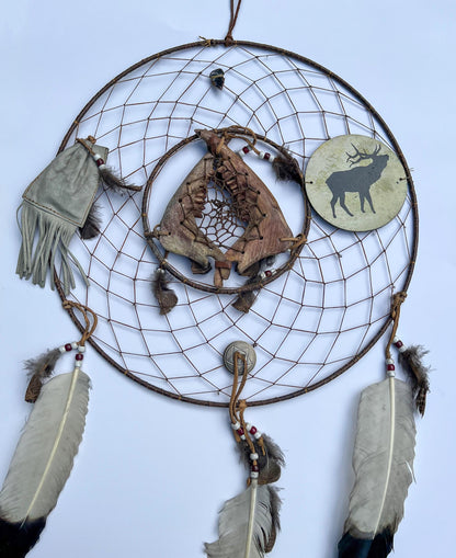 Vintage Rare Deer Jawbone Dreamcatcher with Leather Medicine Pouch Concho Arrowhead