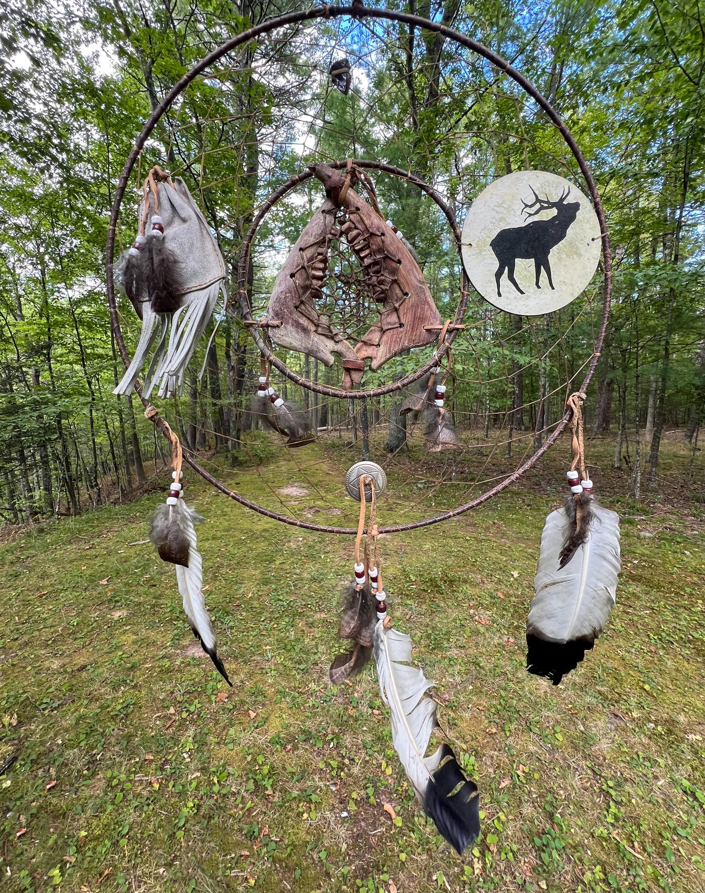 Vintage Rare Deer Jawbone Dreamcatcher with Leather Medicine Pouch Concho Arrowhead