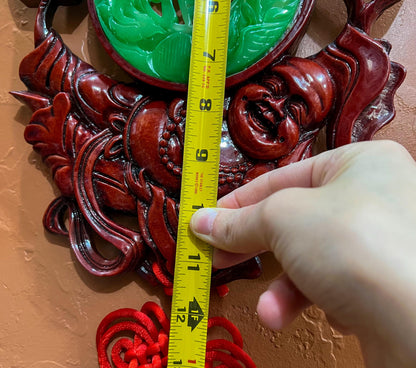 Vintage Large Chinese Laughing Buddha Feng Shui Charm Red Knot Wall Ornament