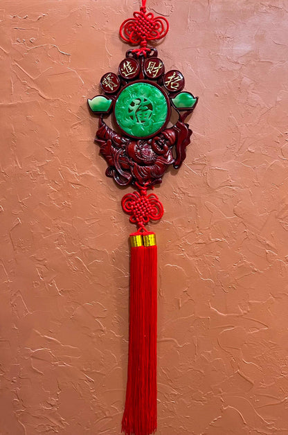 Vintage Large Chinese Laughing Buddha Feng Shui Charm Red Knot Wall Ornament