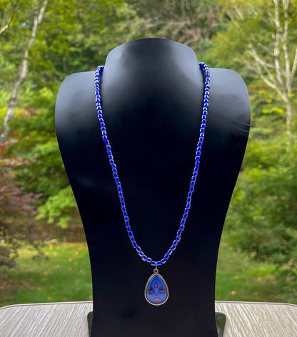 Blue Glass Bead Necklace with Goddess Kali Maa Pendant – Handmade Spiritual Jewelry - 21" Long