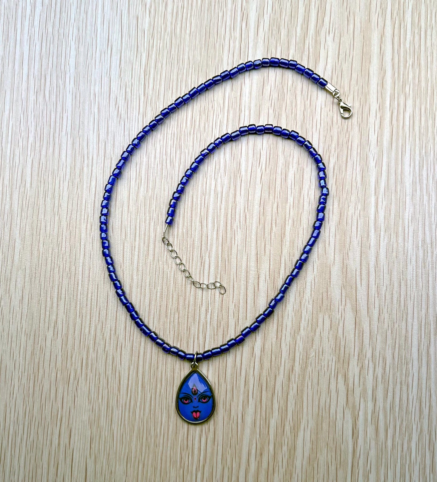 Blue Glass Bead Necklace with Goddess Kali Maa Pendant – Handmade Spiritual Jewelry - 21" Long