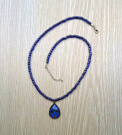 Blue Glass Bead Necklace with Goddess Kali Maa Pendant – Handmade Spiritual Jewelry - 21" Long