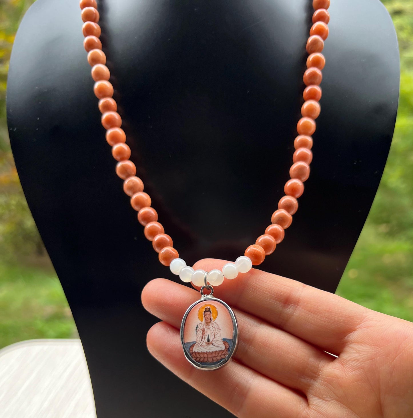 Guanyin Buddha Necklace Choker | Handmade Crystal Beads Jewelry Gift - 18" Long