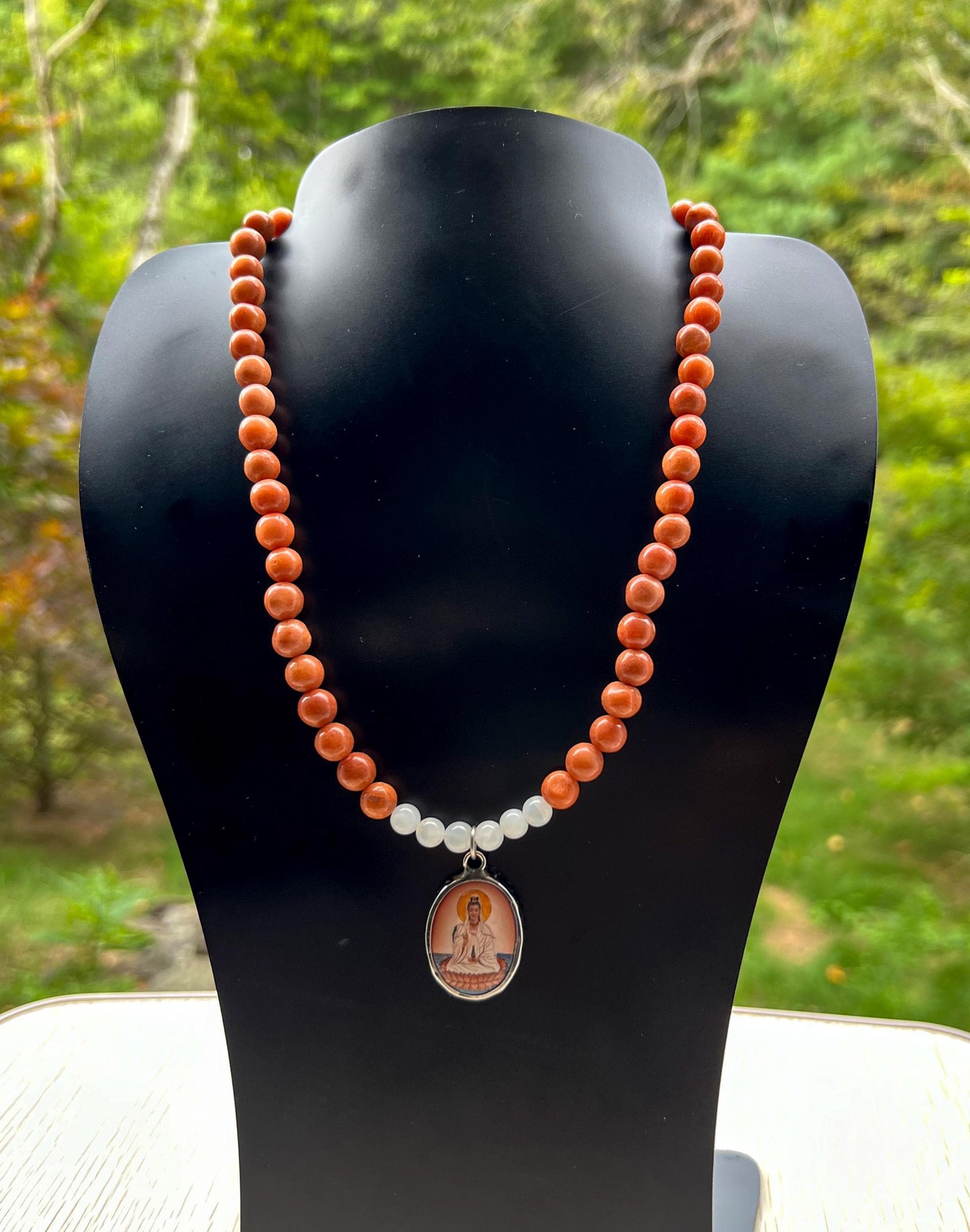 Guanyin Buddha Necklace Choker | Handmade Crystal Beads Jewelry Gift - 18" Long