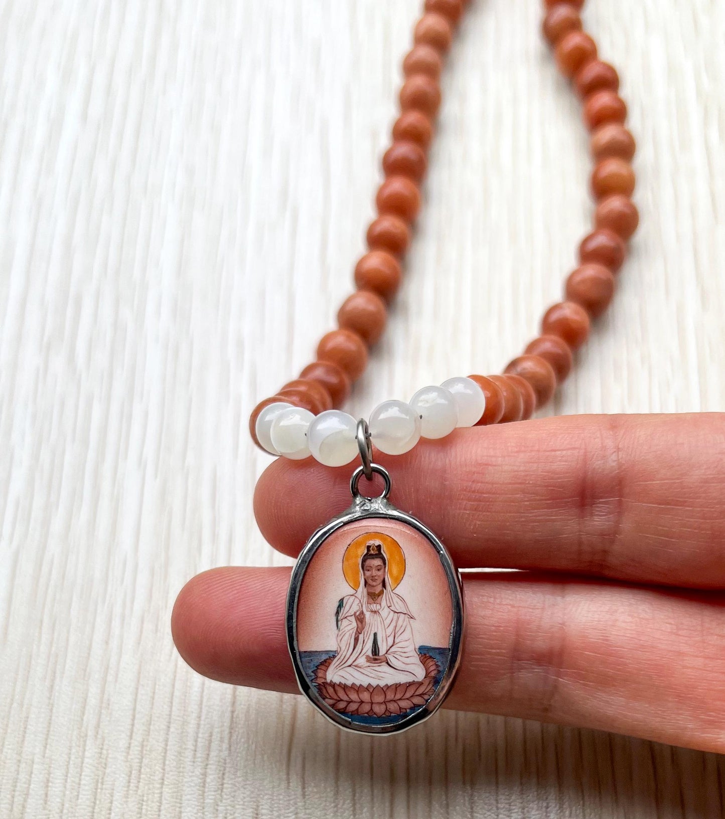 Guanyin Buddha Necklace Choker | Handmade Crystal Beads Jewelry Gift - 18" Long