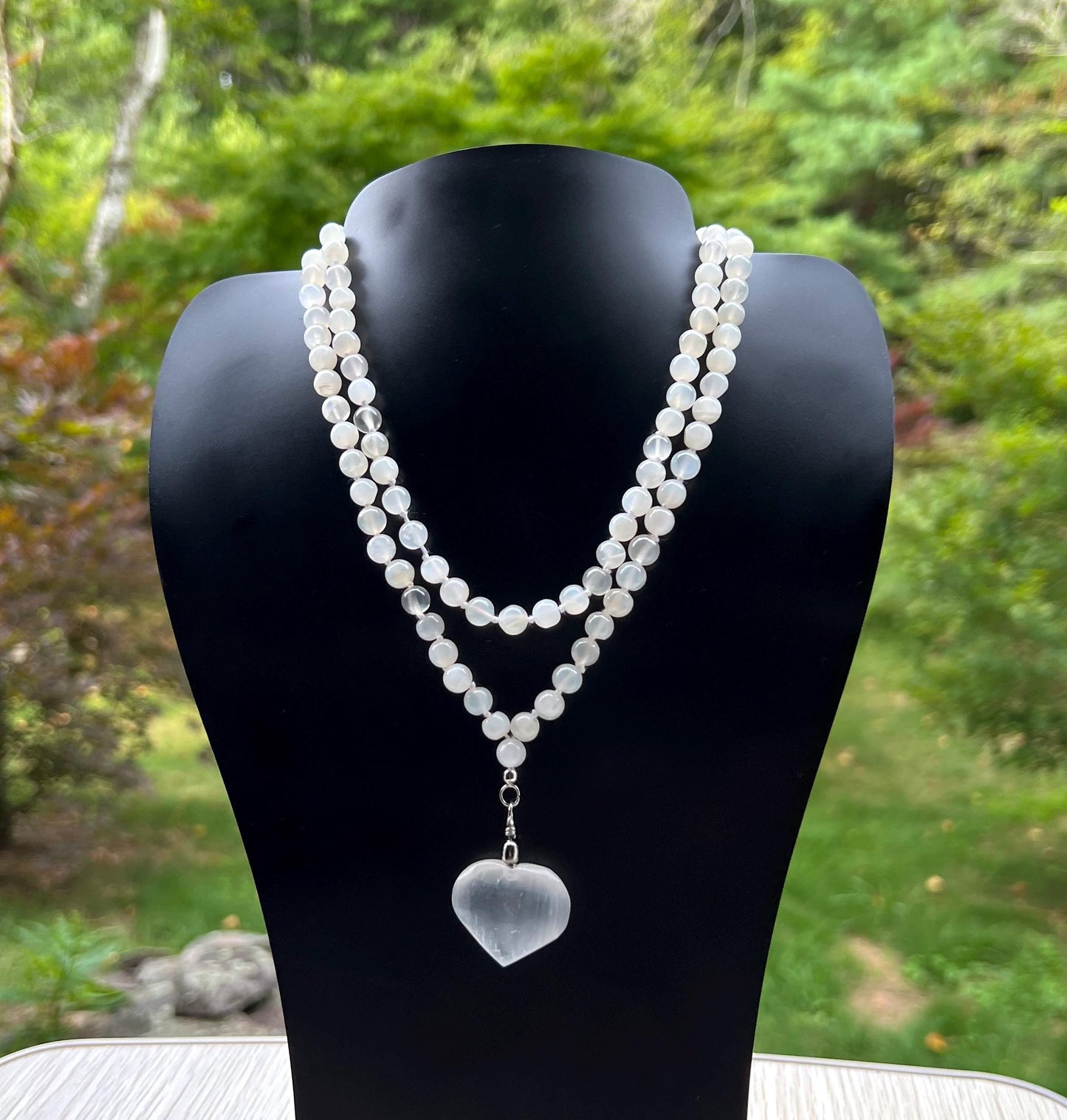 Moonstone Mala Necklace with Selenite Heart | Unique Healing Crystal Jewelry Gift