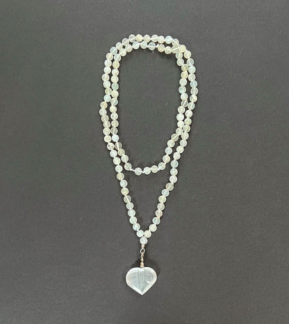 Moonstone Mala Necklace with Selenite Heart | Unique Healing Crystal Jewelry Gift