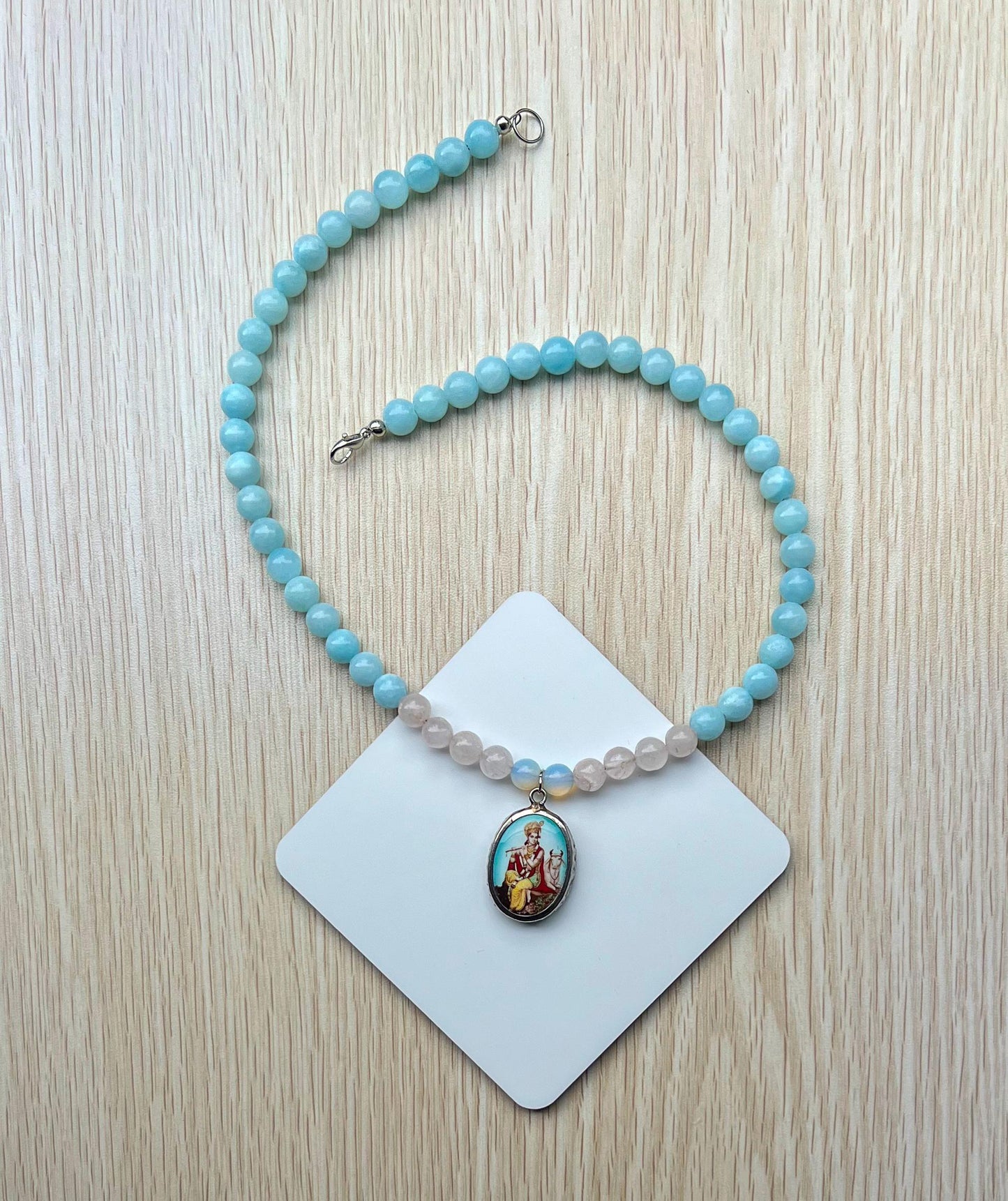 Krishna Rose Quartz Pendant Necklace | Handmade Gemstone Blessing Jewelry Gift - 18" Long