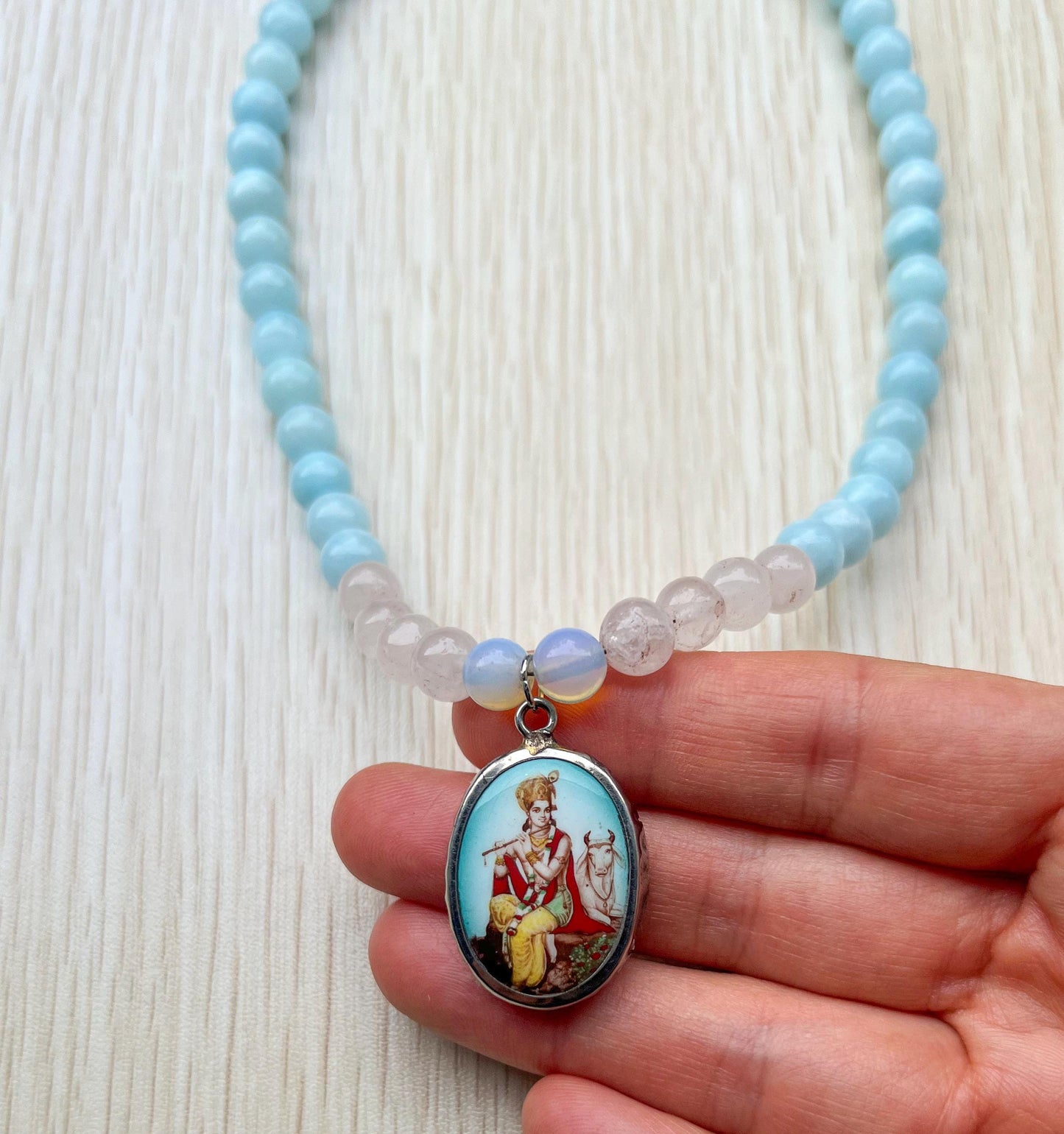 Krishna Rose Quartz Pendant Necklace | Handmade Gemstone Blessing Jewelry Gift - 18" Long