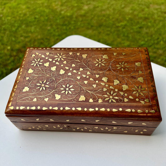 Restored Rosewood Box with Brass Inlay, Perfect for Tarot, Crystals and Jewelry - 8" Wide