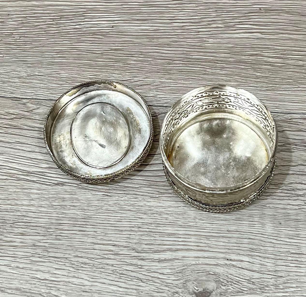 Vintage Silver Trinket Box with Lakshmi on Mother of Pearl, Jewelry or Keepsake Holder