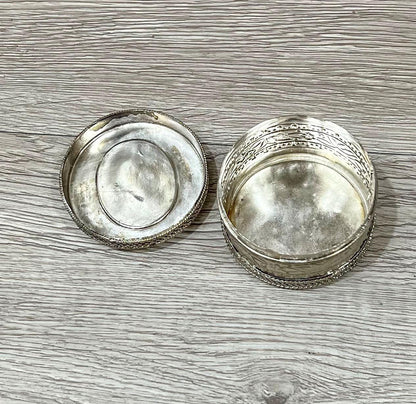 Vintage Silver Trinket Box with Lakshmi on Mother of Pearl, Jewelry or Keepsake Holder