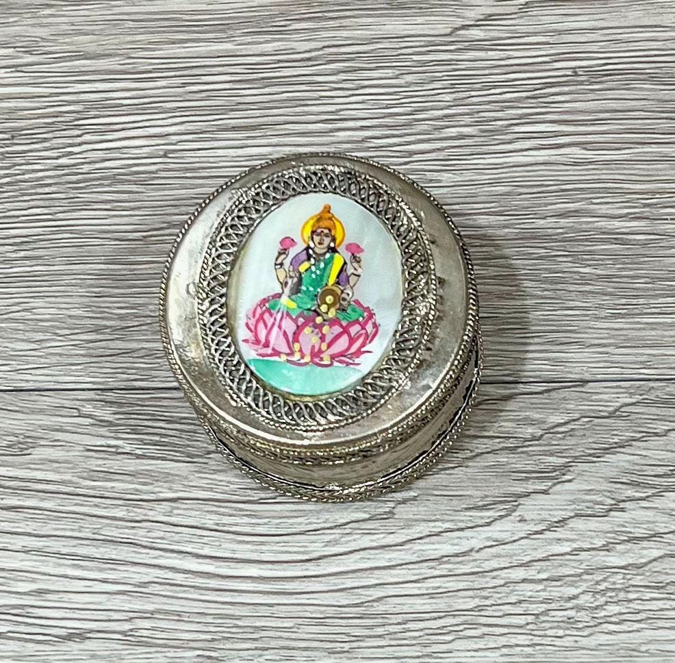 Vintage Silver Trinket Box with Lakshmi on Mother of Pearl, Jewelry or Keepsake Holder