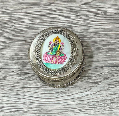 Vintage Silver Trinket Box with Lakshmi on Mother of Pearl, Jewelry or Keepsake Holder