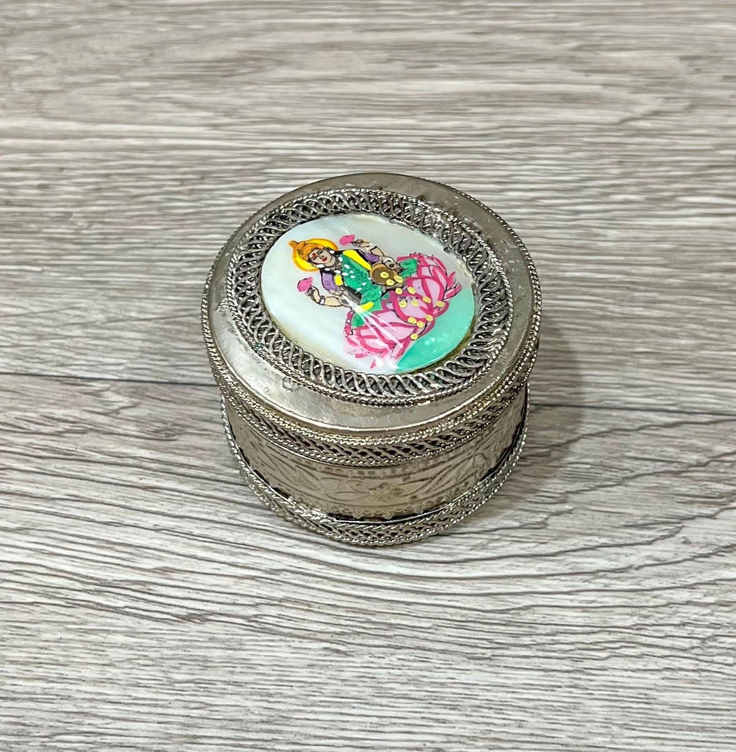 Vintage Silver Trinket Box with Lakshmi on Mother of Pearl, Jewelry or Keepsake Holder
