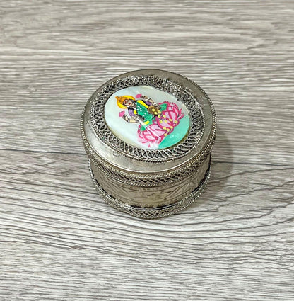 Vintage Silver Trinket Box with Lakshmi on Mother of Pearl, Jewelry or Keepsake Holder
