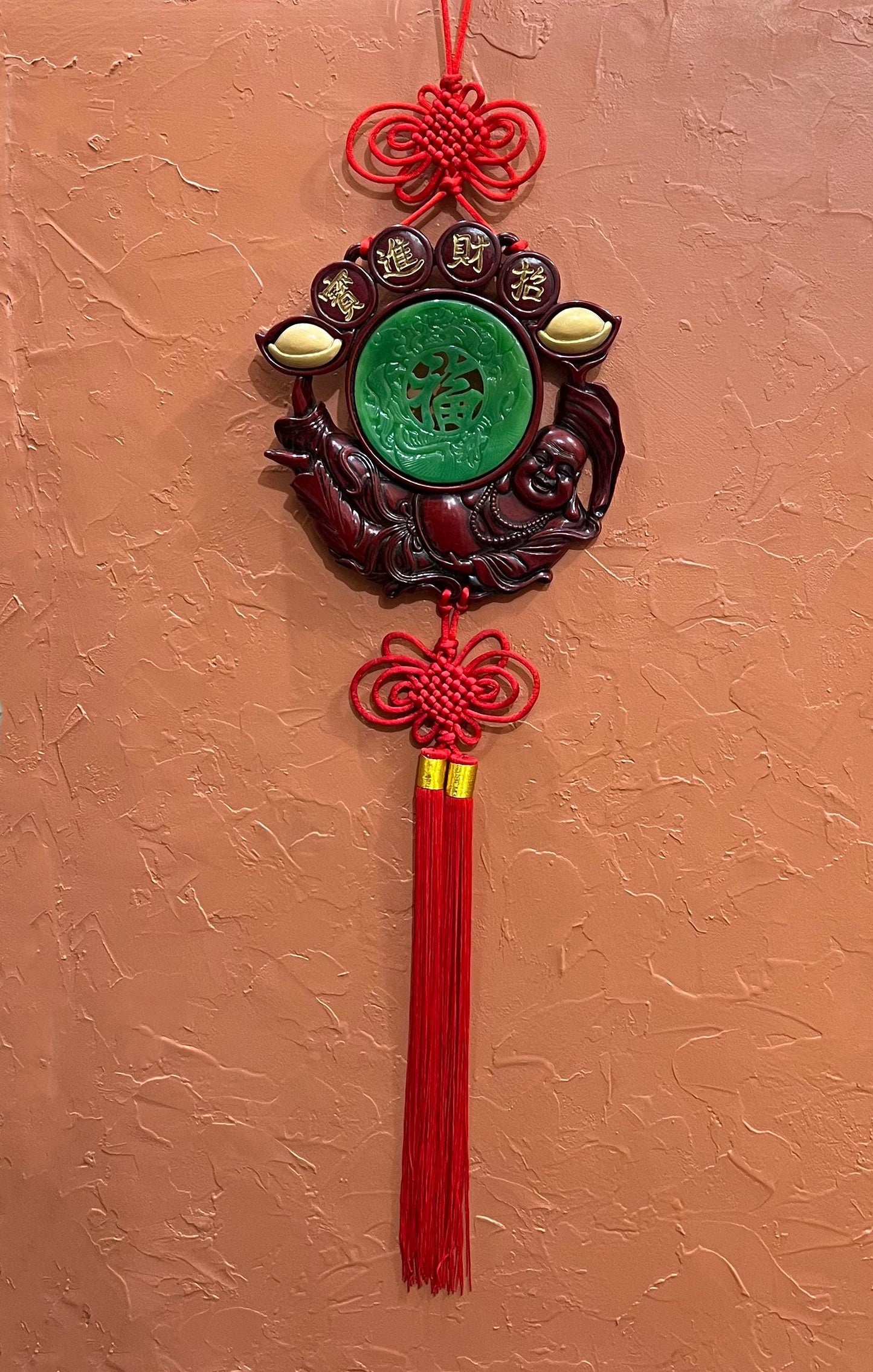 Vintage Large Chinese Laughing Buddha Feng Shui Charm Red Knot Wall Ornament