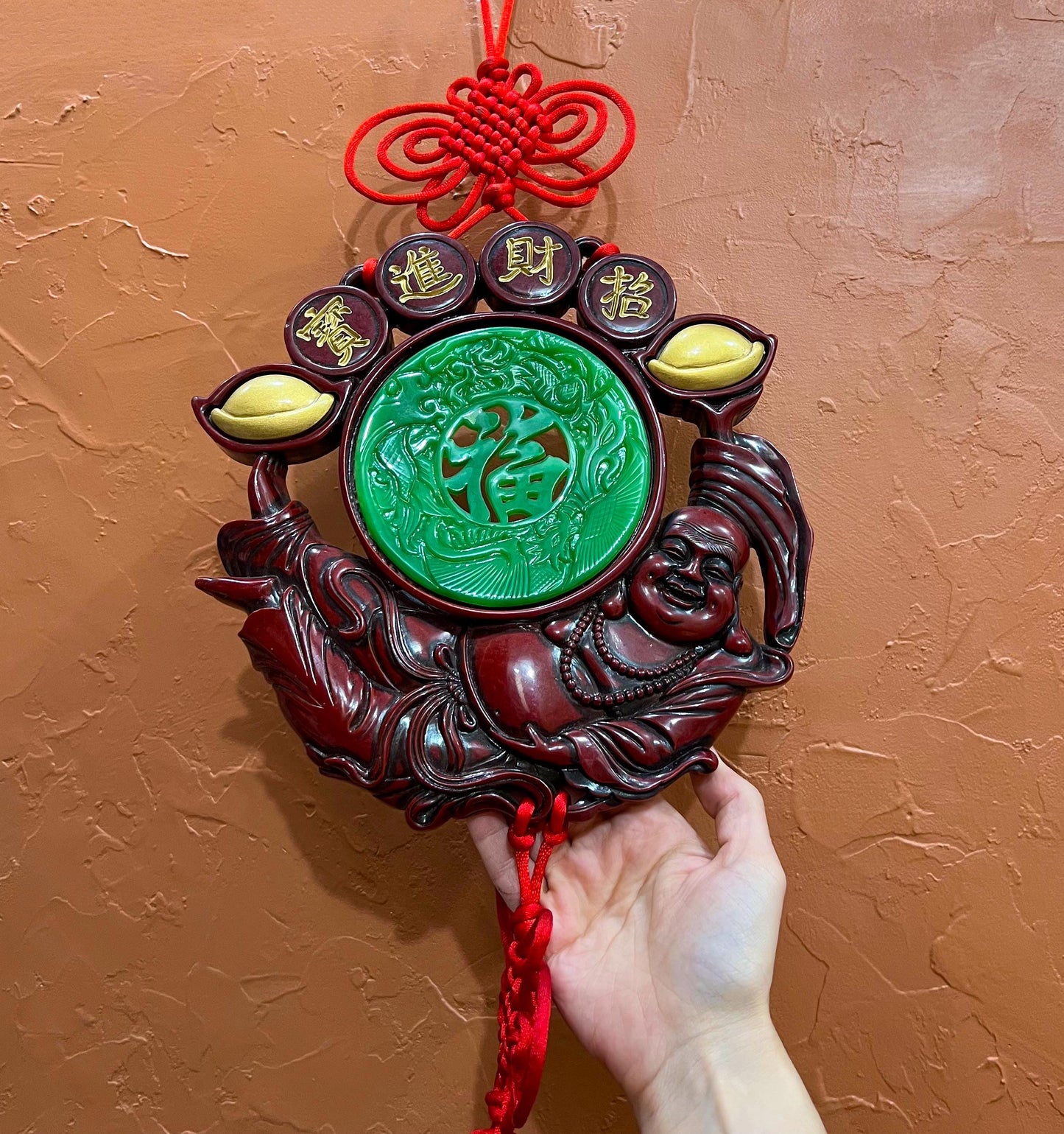 Vintage Large Chinese Laughing Buddha Feng Shui Charm Red Knot Wall Ornament