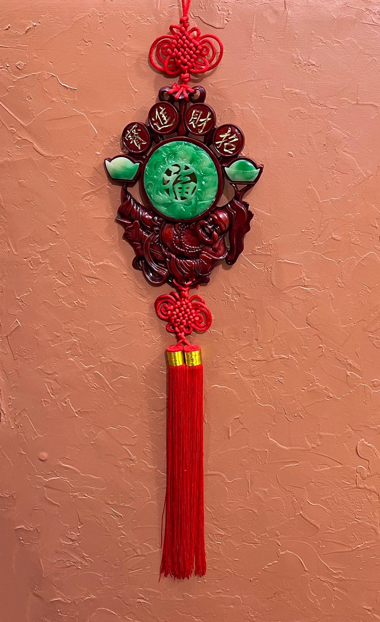 Vintage Large Chinese Laughing Buddha Feng Shui Charm Red Knot Wall Ornament