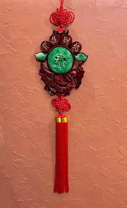 Vintage Large Chinese Laughing Buddha Feng Shui Charm Red Knot Wall Ornament