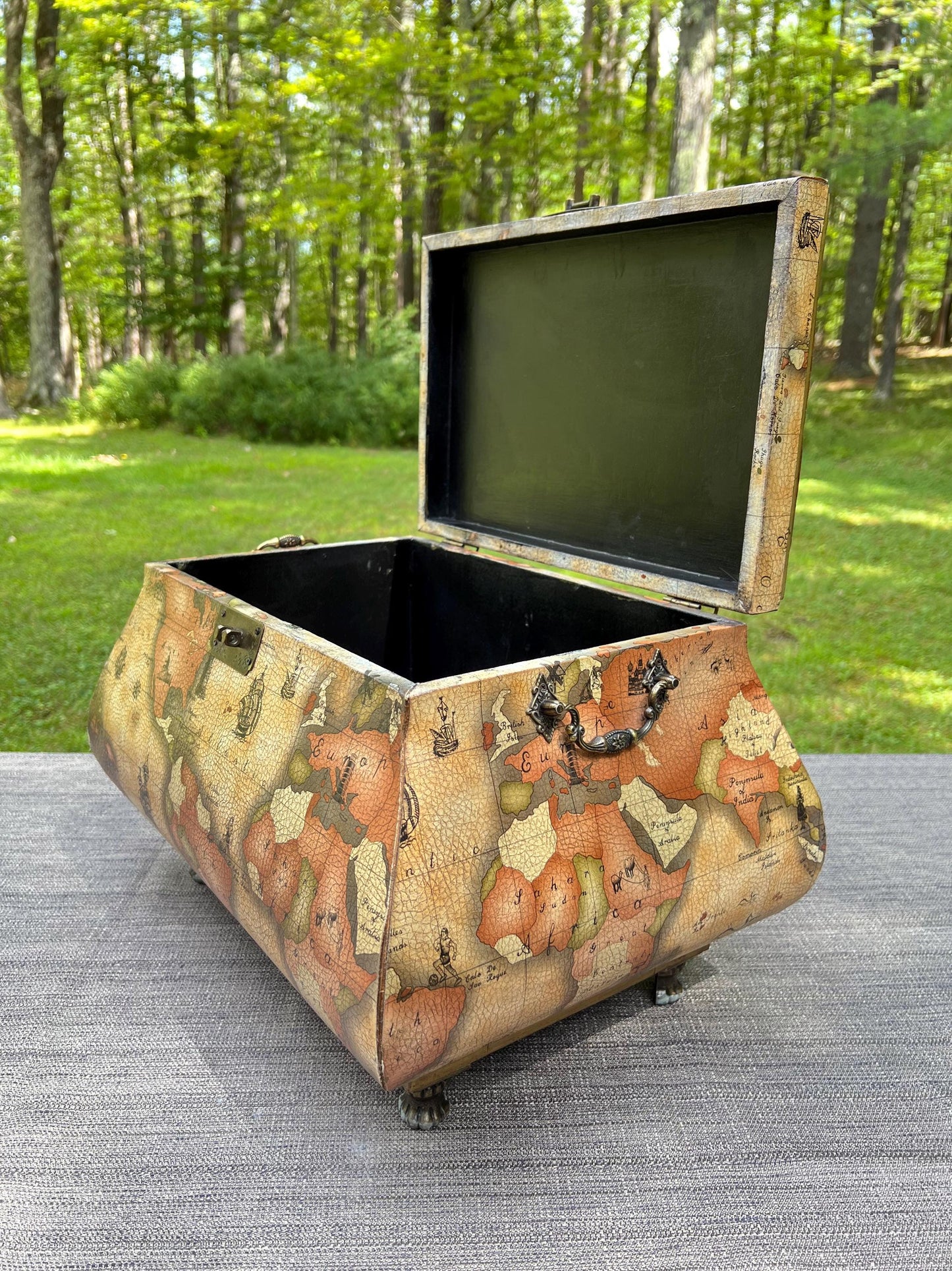 Vintage Leather World Map Wooden Handled Footed Storage Trunk Chest Box - 18" Wide