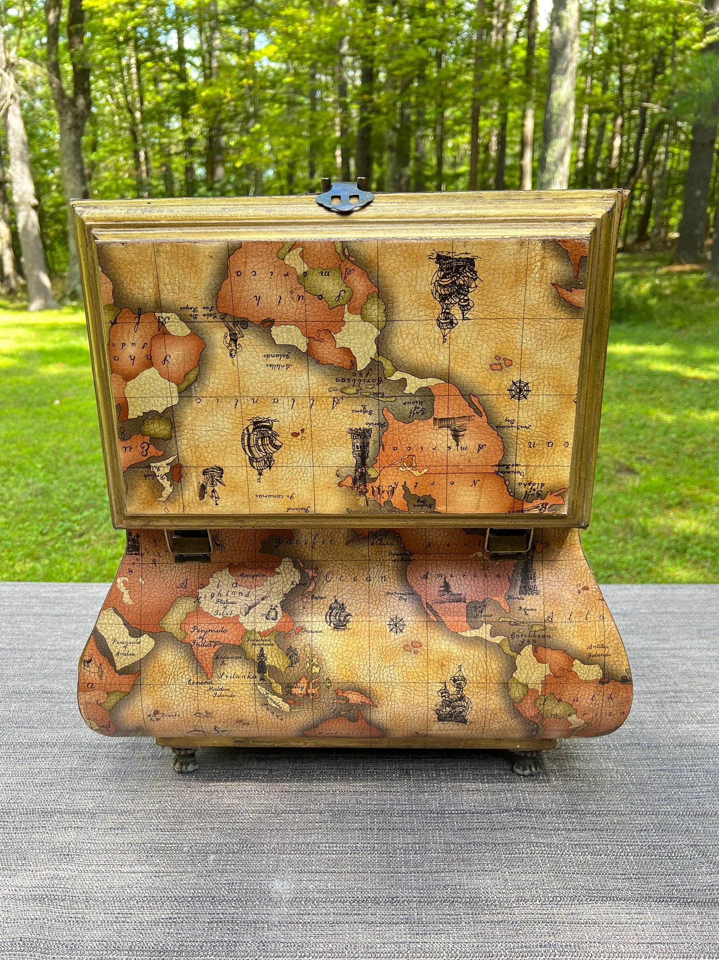 Vintage Leather World Map Wooden Handled Footed Storage Trunk Chest Box - 18" Wide