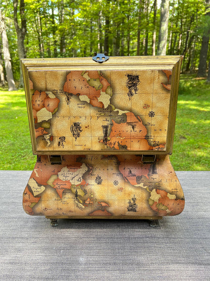 Vintage Leather World Map Wooden Handled Footed Storage Trunk Chest Box - 18" Wide