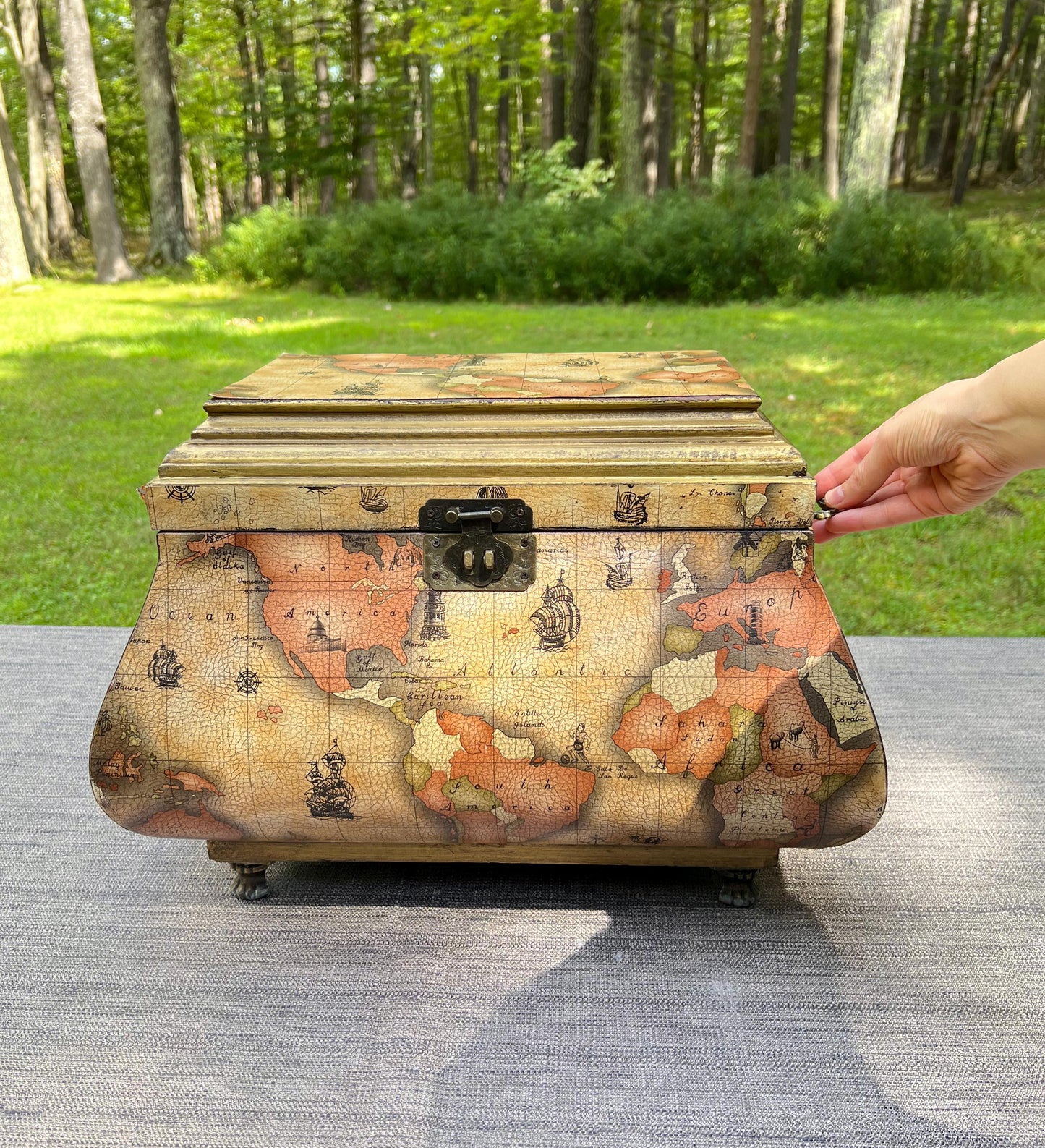 Vintage Leather World Map Wooden Handled Footed Storage Trunk Chest Box - 18" Wide