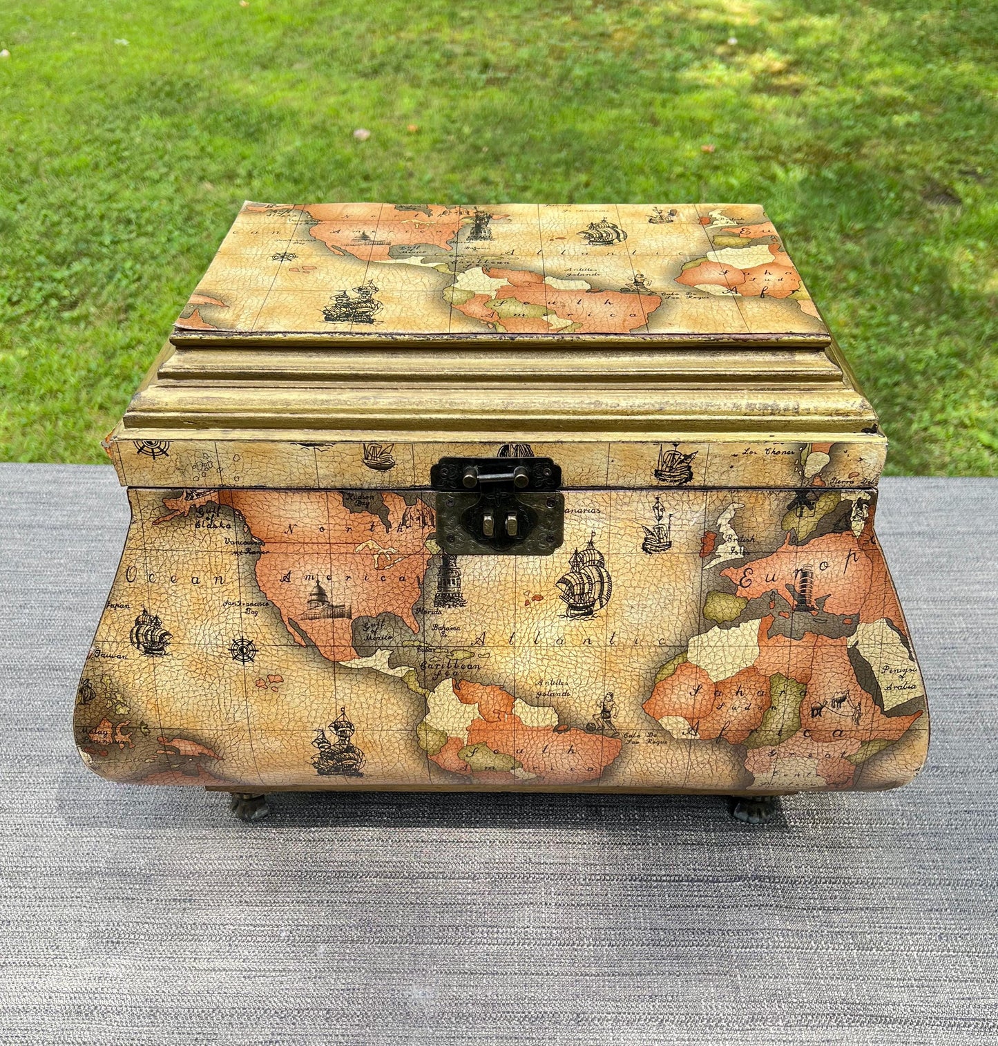 Vintage Leather World Map Wooden Handled Footed Storage Trunk Chest Box - 18" Wide