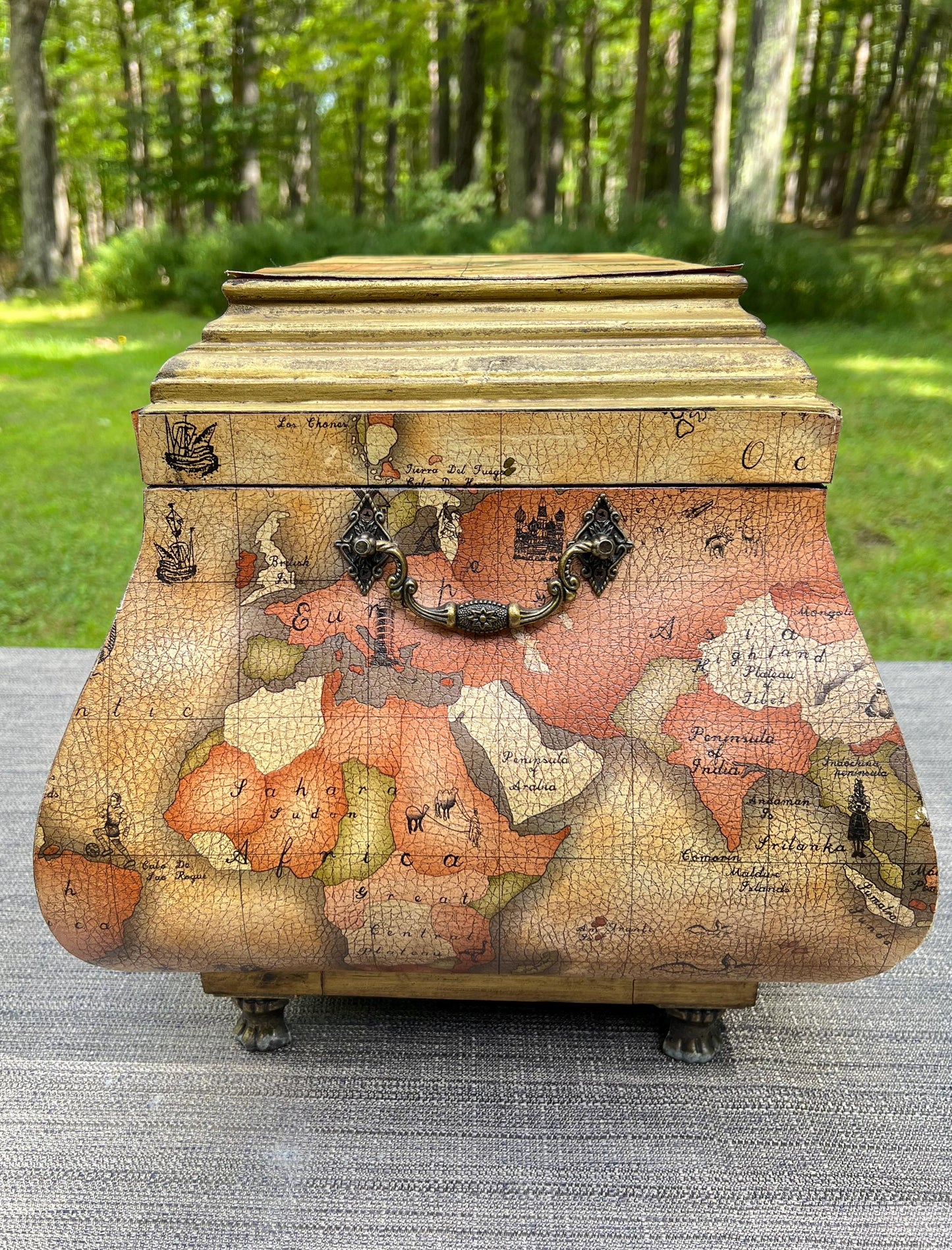 Vintage Leather World Map Wooden Handled Footed Storage Trunk Chest Box - 18" Wide