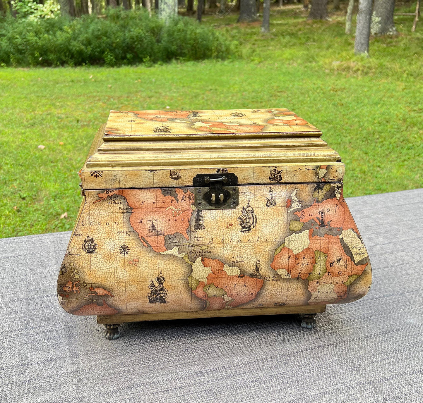 Vintage Leather World Map Wooden Handled Footed Storage Trunk Chest Box - 18" Wide