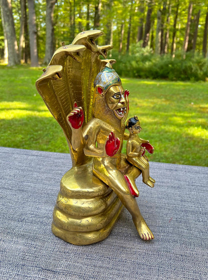 13" Vintage Astadhatu Brass Lakshmi Narasimha Adisesa Murti Deity Statue - Very Heavy