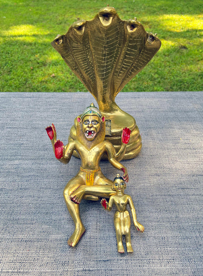 13" Vintage Astadhatu Brass Lakshmi Narasimha Adisesa Murti Deity Statue - Very Heavy