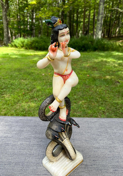 Rare Vintage Marble Dust Krishna Dancing On Serpent Kaliya Deity Statue Sculpture