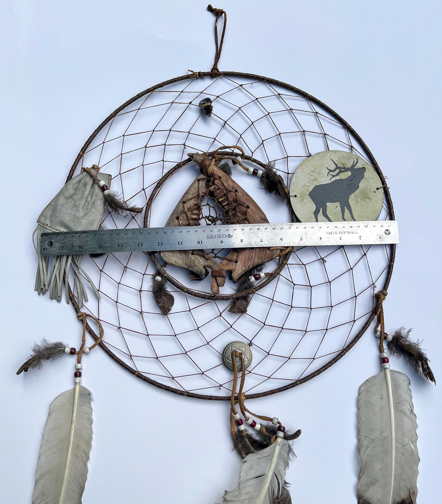 Vintage Rare Deer Jawbone Dreamcatcher with Leather Medicine Pouch Concho Arrowhead