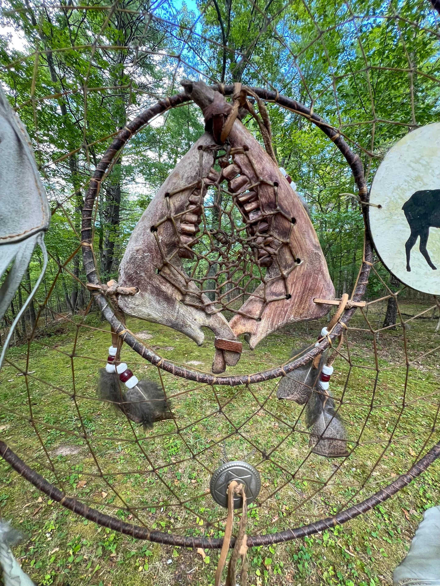 Vintage Rare Deer Jawbone Dreamcatcher with Leather Medicine Pouch Concho Arrowhead