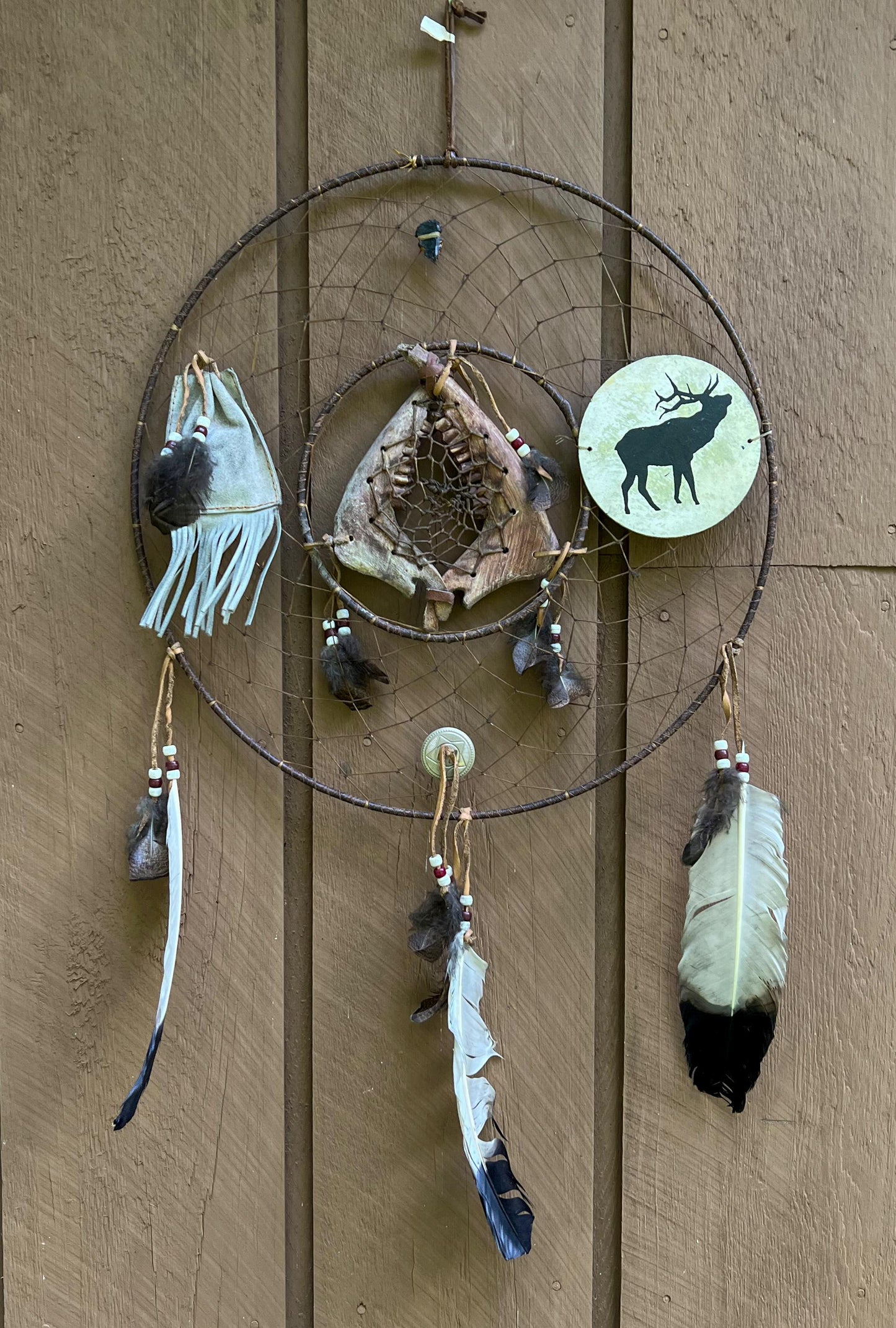 Vintage Rare Deer Jawbone Dreamcatcher with Leather Medicine Pouch Concho Arrowhead