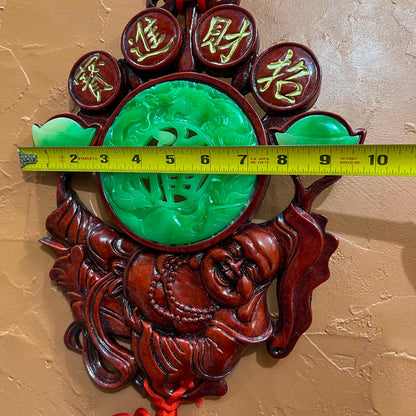 Vintage Large Chinese Laughing Buddha Feng Shui Charm Red Knot Wall Ornament